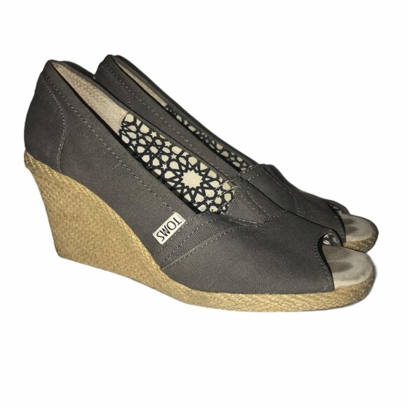 Toms Canvas Peep Espadrille Wedges Womens 7.5 Gray Work Dance Wedding - Picture 1 of 9
